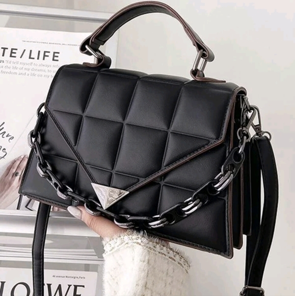 Handbags - Black Quilted Flap Chain Hardware Satchel Purse NWOT
